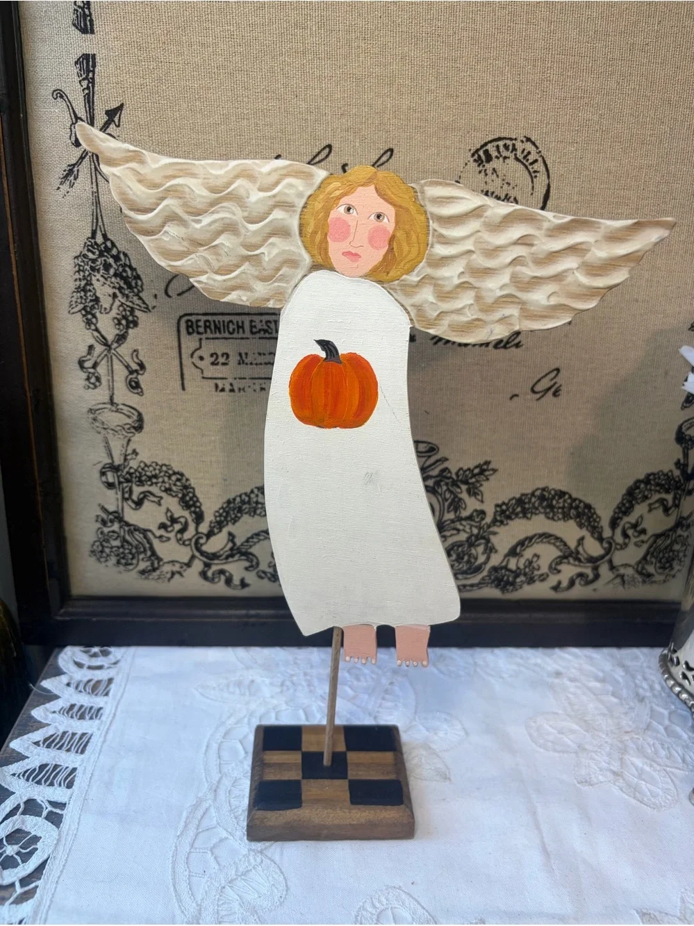 Vintage 2009 Nancy Thomas Angel hand painted wood primitive folk art